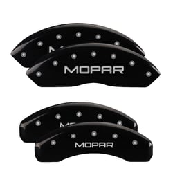 Picture of MGP Caliper Covers 12200SMOPBK Set of 4 caliper covers, Engraved Front and Rear: MOPAR, Black powder coat finish, silver characters.