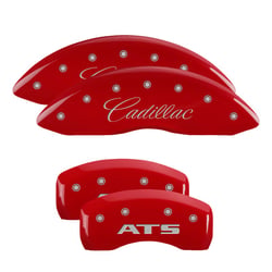 Picture of MGP Caliper Covers 35007SATSRD Red Powder Coated Brake Caliper Covers with Silver Cadillac Logo