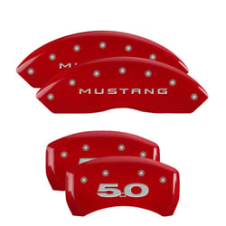 Picture of MGP Caliper Covers 10198SM50RD Set Of 4 Caliper Covers Engraved Front Mustang Engraved Rear 5.0 Red Powder Coat 2010-2014 Ford Mustang 