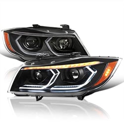 Picture of Spec-D 2LHP-E9005JM-G2-RS Black Projector Headlights with 3D LED Tube for BMW E90/E91